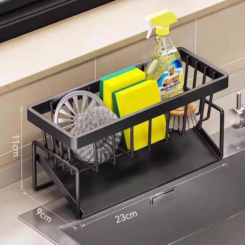 Kitchen Sink Caddy Organizer with Towel Bar & Drain Tray - Durable Metal Sponge Holder(Black) - Home & Garden >
