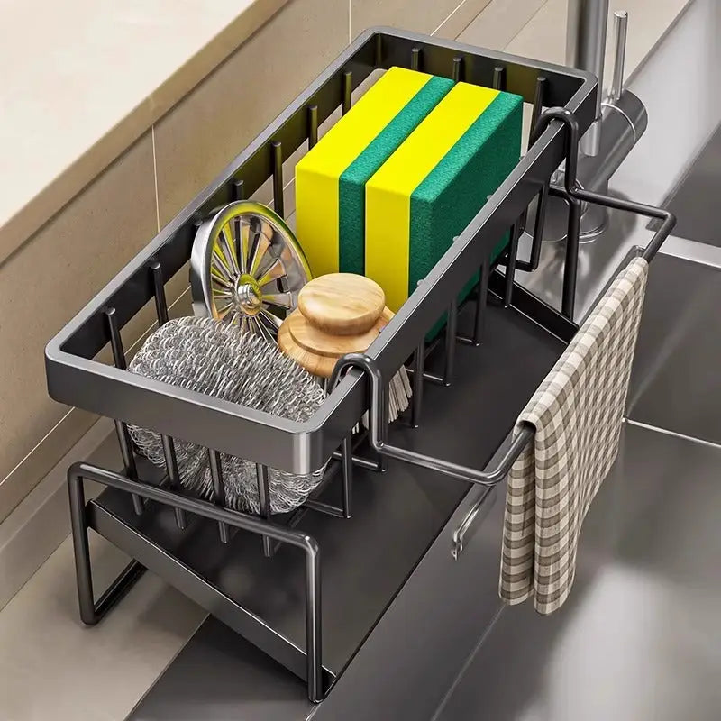 Kitchen Sink Caddy Organizer with Towel Bar & Drain Tray - Durable Metal Sponge Holder(Black) - Home & Garden >