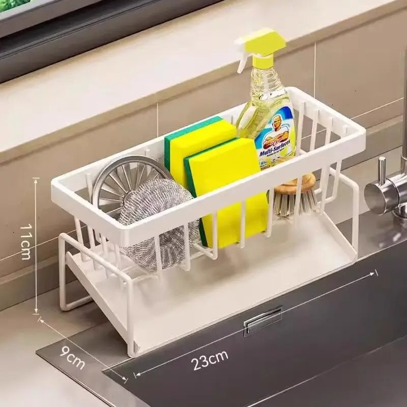 Kitchen Sink Caddy Organizer with Towel Bar & Drain Tray - Durable Metal Sponge Holder(White) - Home & Garden >