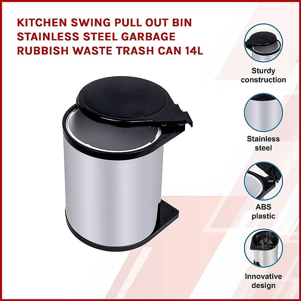 Kitchen Swing Pull Out Bin Stainless Steel Garbage Rubbish Waste Trash Can 14L - Home & Garden > Kitchenware