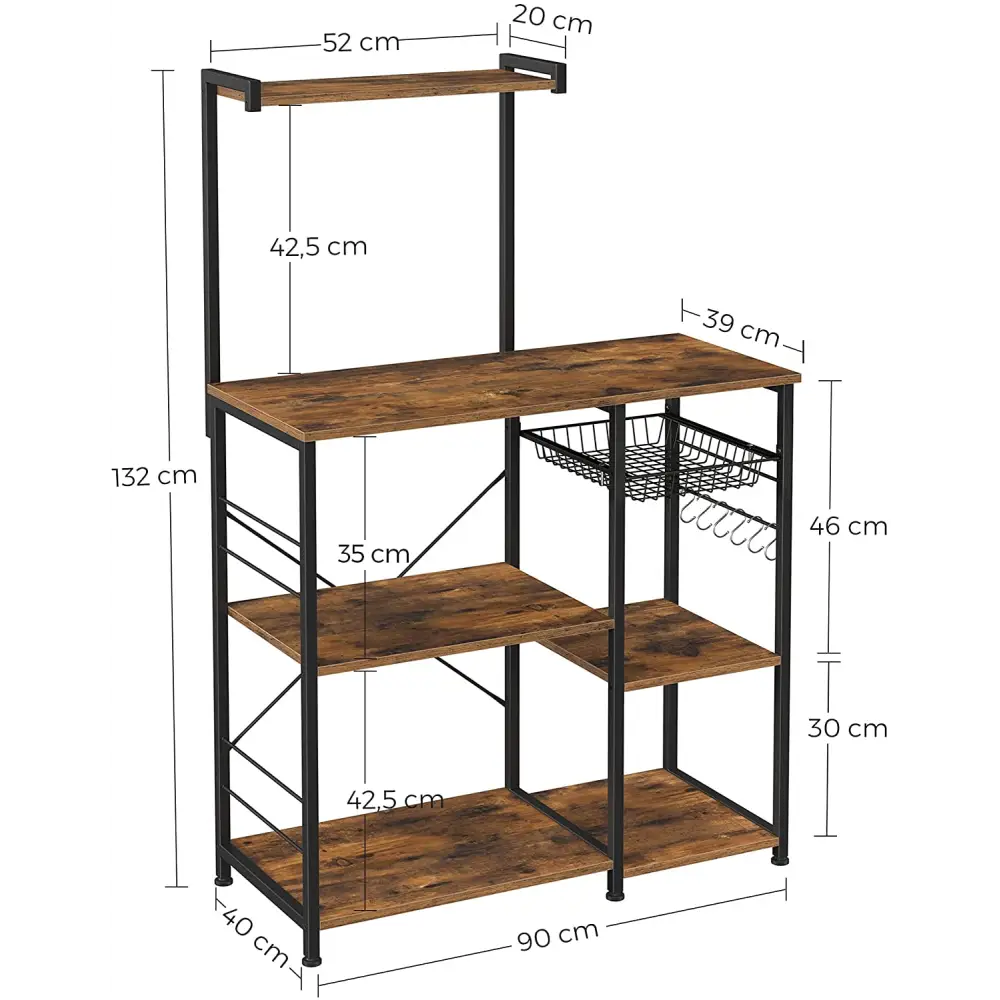 Kithcen Baker’s Rack with Shelves Stand with Wire Basket and 6 S-Hooks Rustic Brown - Furniture > Living Room