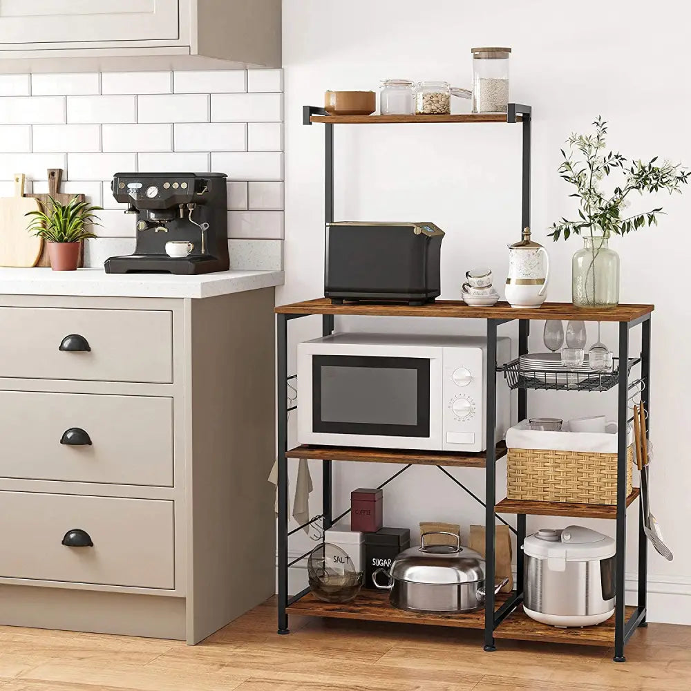 Kithcen Baker’s Rack with Shelves Stand with Wire Basket and 6 S-Hooks Rustic Brown - Furniture > Living Room