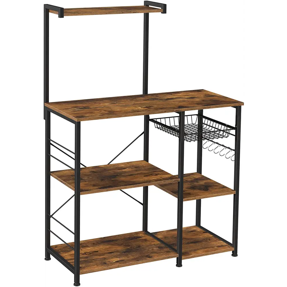 Kithcen Baker’s Rack with Shelves Stand with Wire Basket and 6 S-Hooks Rustic Brown - Furniture > Living Room