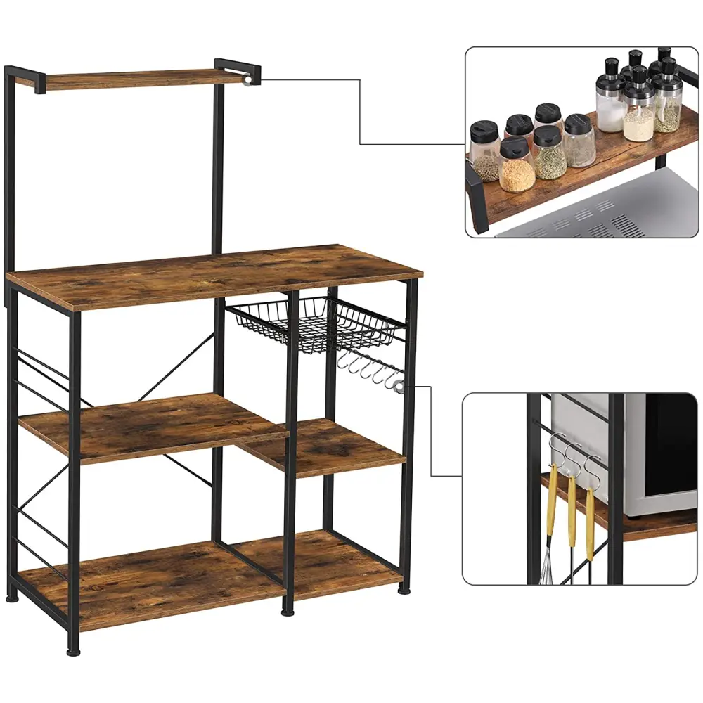 Kithcen Baker’s Rack with Shelves Stand with Wire Basket and 6 S-Hooks Rustic Brown - Furniture > Living Room