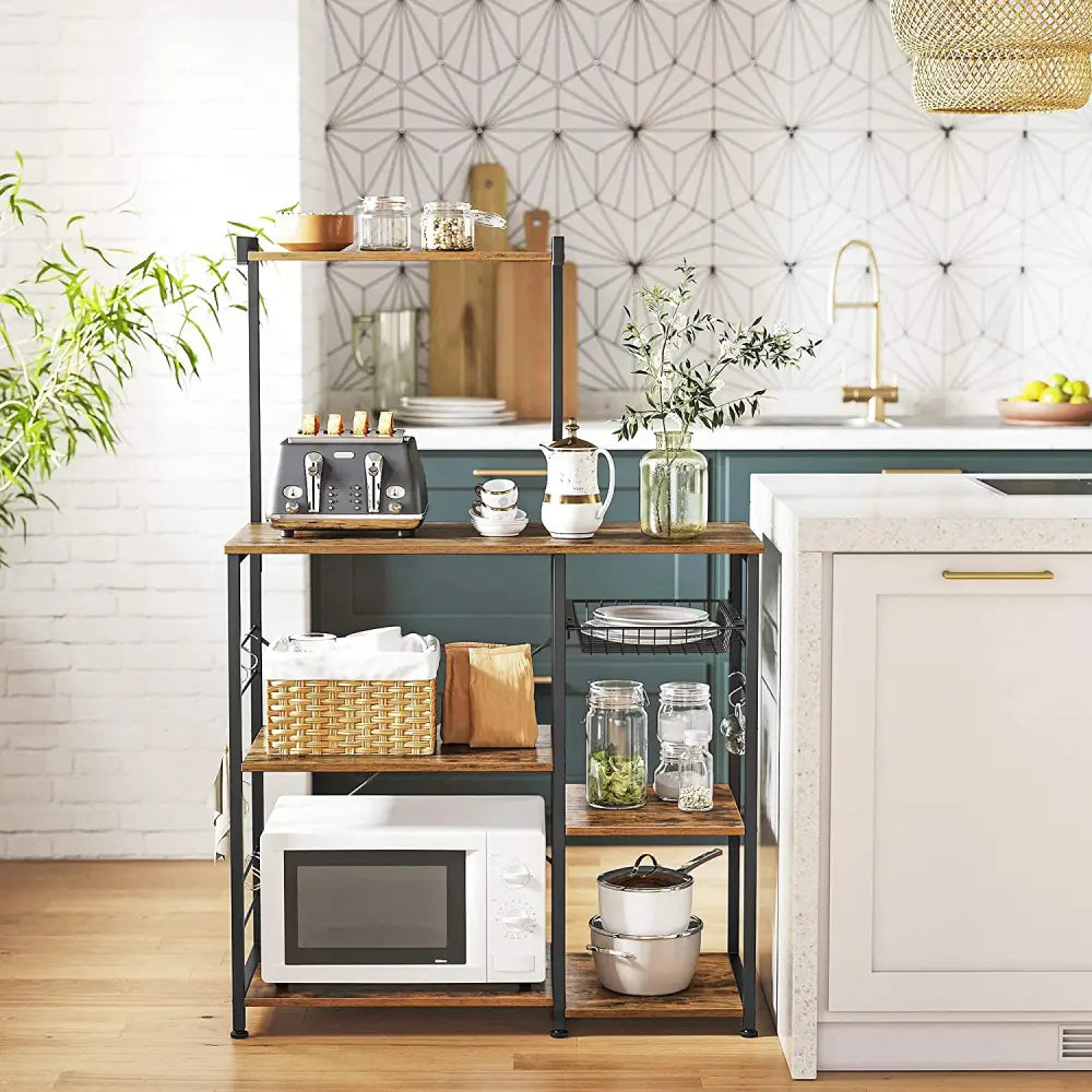 Kithcen Baker’s Rack with Shelves Stand with Wire Basket and 6 S-Hooks Rustic Brown - Furniture > Living Room