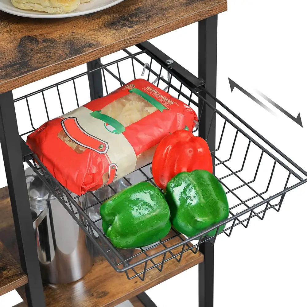 Kithcen Baker’s Rack with Shelves Stand with Wire Basket and 6 S-Hooks Rustic Brown - Furniture > Living Room