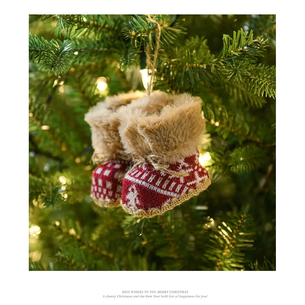 Knitted Christmas Boot Ornaments with Faux Fur Trim - Set of 3 Hanging Decorations - Occasions > Christmas > Christmas