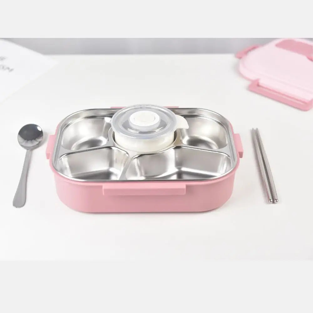 Kylin 304 Stainless Steel 5 Divided Smile Small Lunch Box With Soup Pot - Pink - Home & Garden > Kitchenware