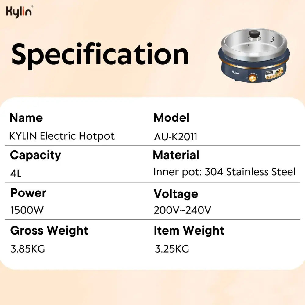 Kylin Electric 1500W Hotpot with Stainless Steel Inner Pot 4L AU-K2011 - Home & Garden > Kitchenware