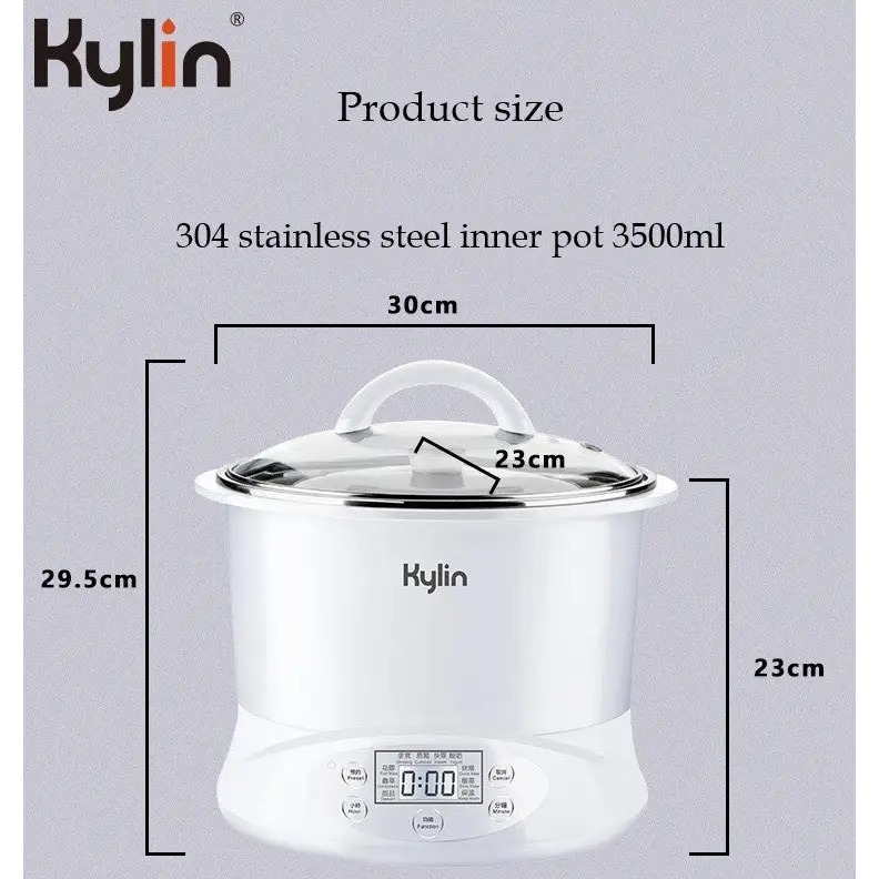 Kylin Electric Slow Cooker Stainless Steel Ceramic Pot Steamer 2.2L With 3 Containers - Appliances > Kitchen Appliances