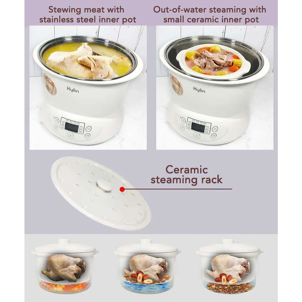 Kylin Electric Slow Cooker Stainless Steel Ceramic Pot Steamer 2.2L With 3 Containers - Appliances > Kitchen Appliances