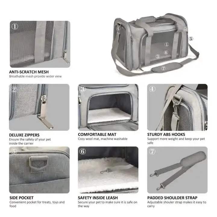 L Blue Portable Foldable Pet Carrier Bag - Large Capacity Travel Carrier for 2 Small Pets Comfortable and Stylish Cat