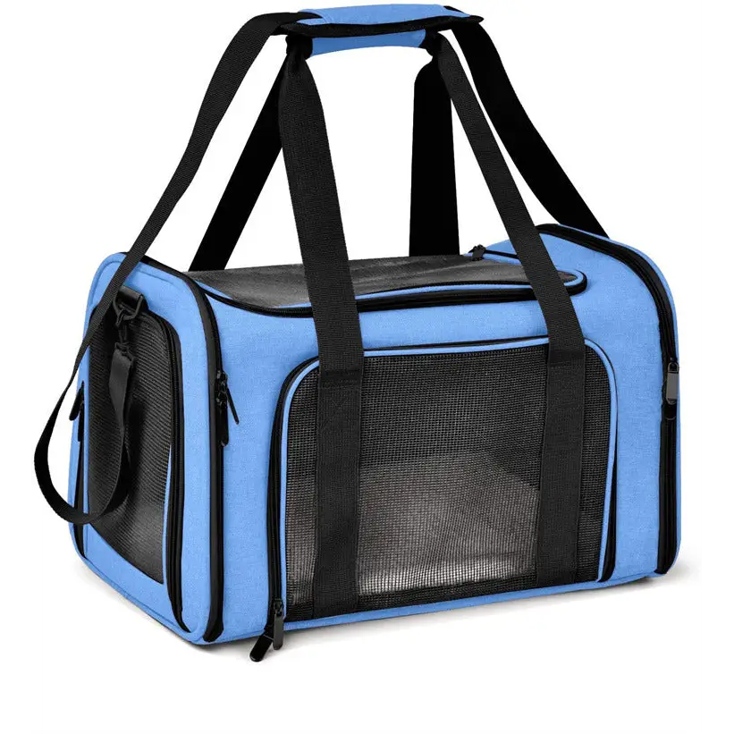 L Blue Portable Foldable Pet Carrier Bag - Large Capacity Travel Carrier for 2 Small Pets Comfortable and Stylish Cat