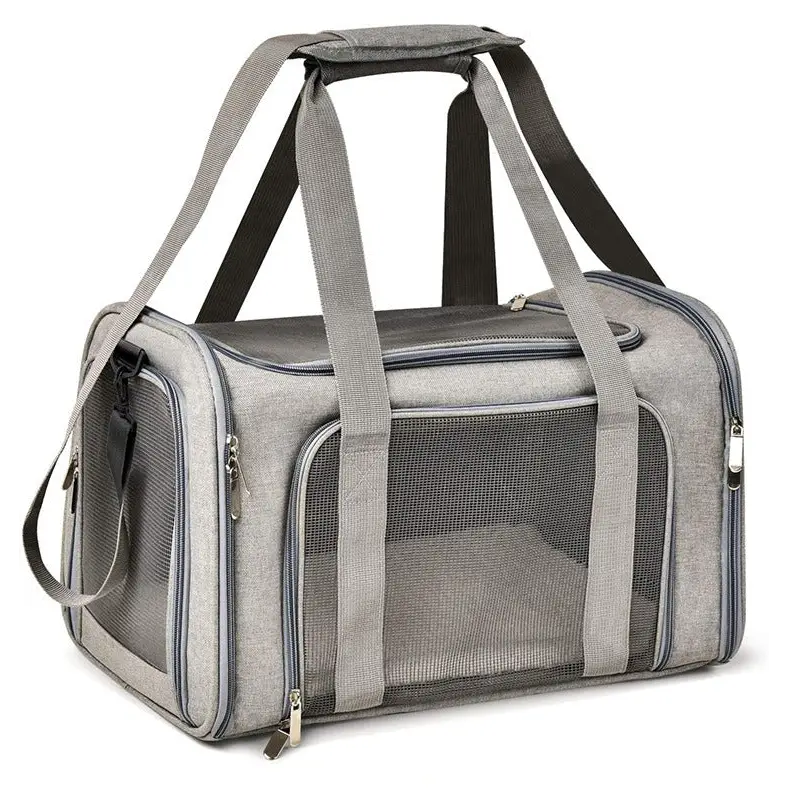 L Grey Portable Foldable Pet Carrier Bag - Large Capacity Travel Carrier for 2 Small Pets Comfortable and Stylish Cat