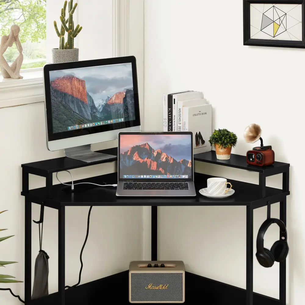 L-Shaped Desk with Built-In Charging Station Black - Home & Garden > Home Office Accessories