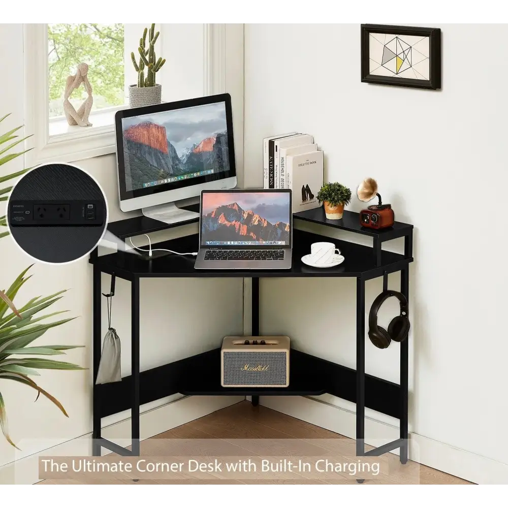 L-Shaped Desk with Built-In Charging Station Black - Home & Garden > Home Office Accessories