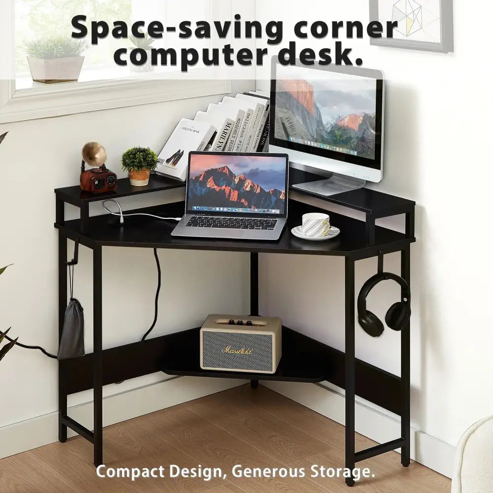 L-Shaped Desk with Built-In Charging Station Black - Home & Garden > Home Office Accessories