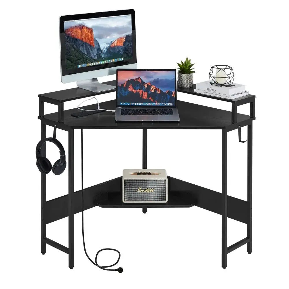 L-Shaped Desk with Built-In Charging Station Black - Home & Garden > Home Office Accessories