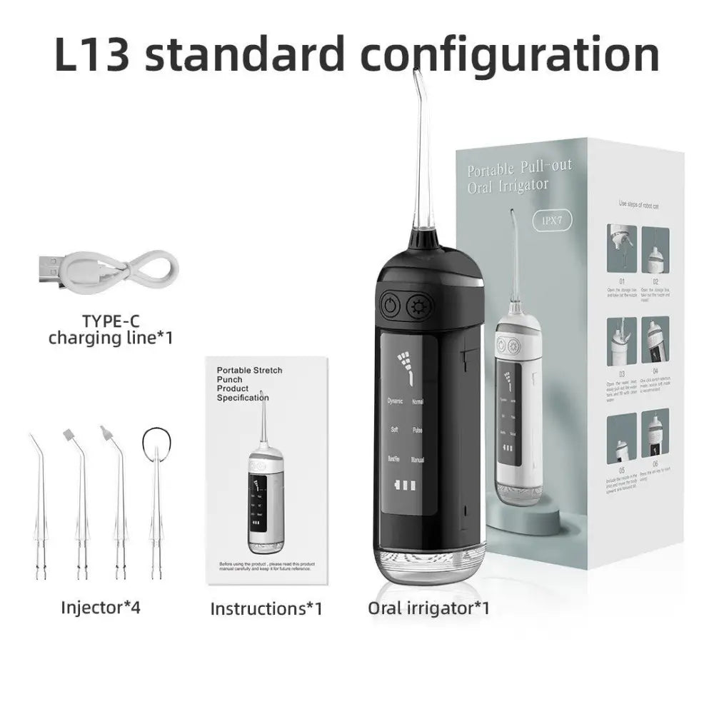 L13 Black Portable Electric Water Flosser - Handheld Teeth Cleaner USB Rechargeable Deep Oral Irrigator - Health &