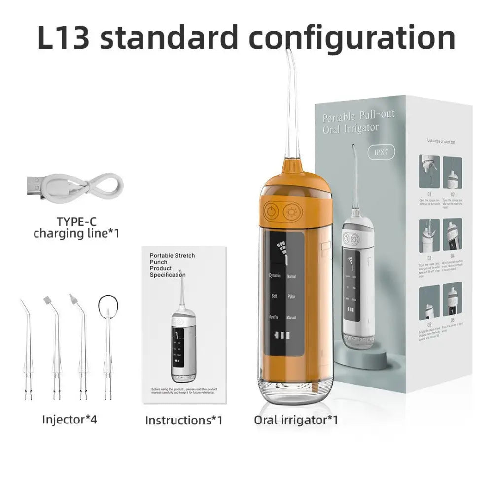 L13 Orange Portable Electric Water Flosser - Handheld Teeth Cleaner USB Rechargeable Deep Oral Irrigator - Health &