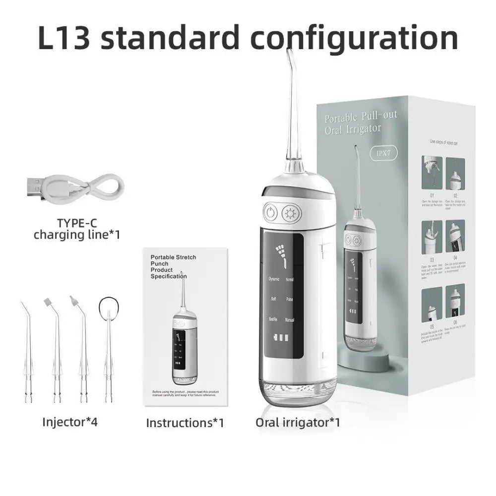 L13 White Portable Electric Water Flosser - Handheld Teeth Cleaner USB Rechargeable Deep Oral Irrigator - Health &