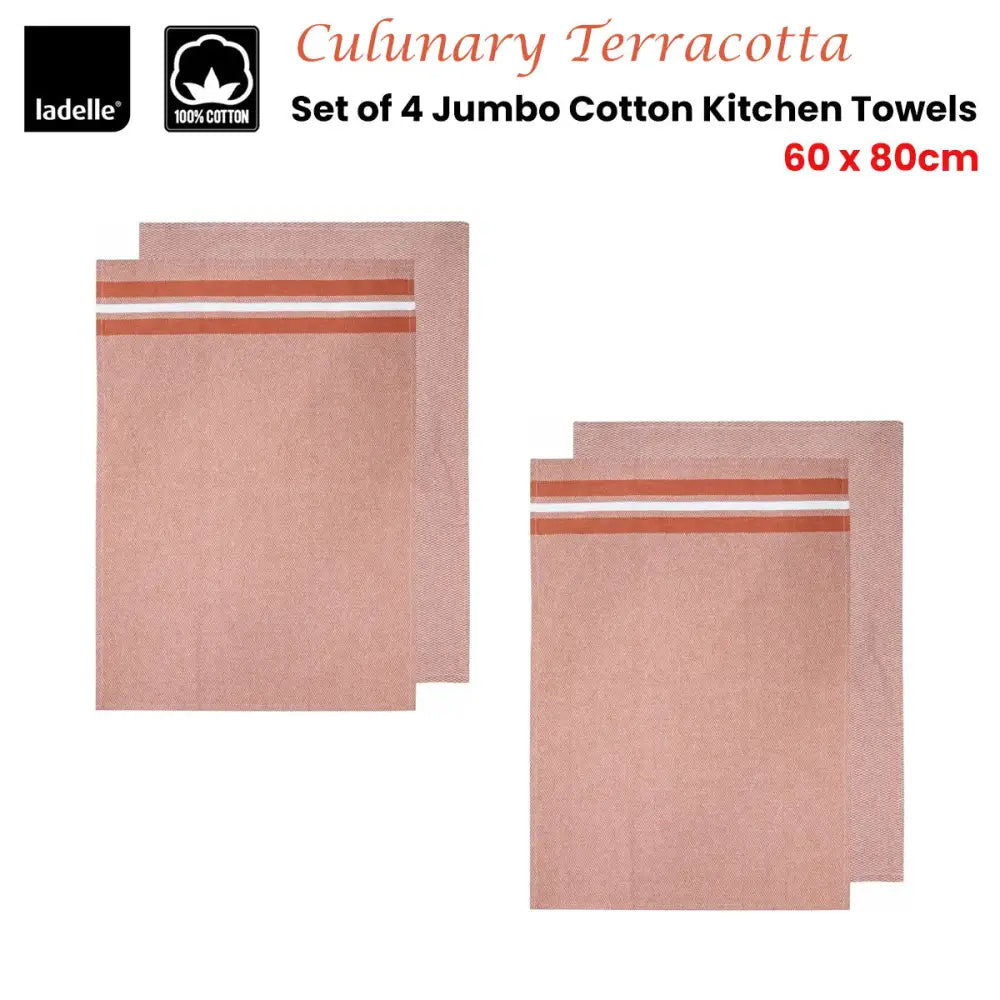 Ladelle Culinary Terracotta Cotton Set of 4 Jumbo Kitchen Towels 60 x 80 cm - Home & Garden > Kitchenware