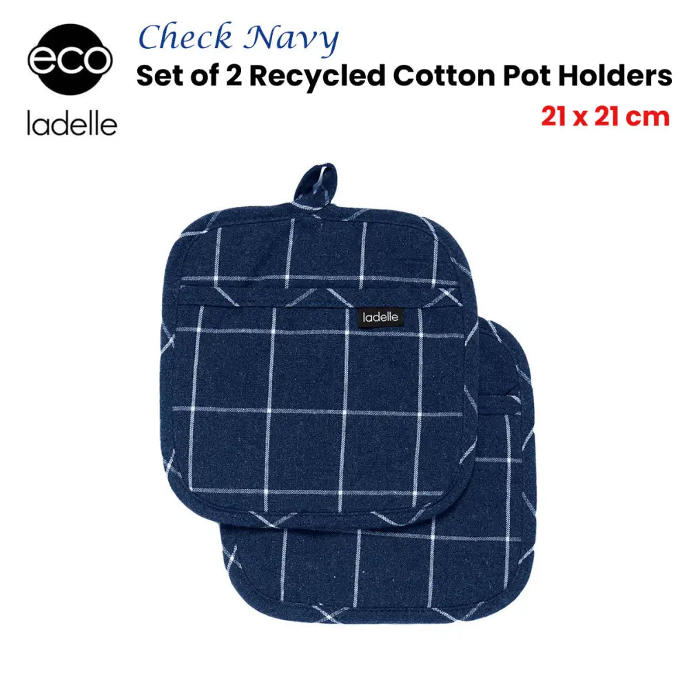 Ladelle Eco Check Navy Set of 2 Pot Holders 21 x 21 cm - Home & Garden > Kitchenware > Oven Mitts & Pot Holders