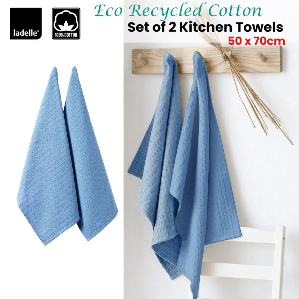 Ladelle Eco Recycled Cotton Set of 2 Cotton Kitchen Towels Blue 50 x 70 cm - Home & Garden > Kitchenware
