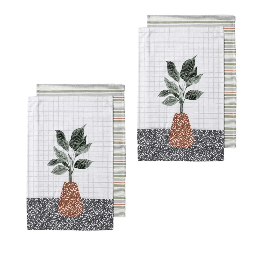 Ladelle Revive Plants Set of 4 Cotton Kitchen Towels Brown Pot - Home & Garden > Kitchenware