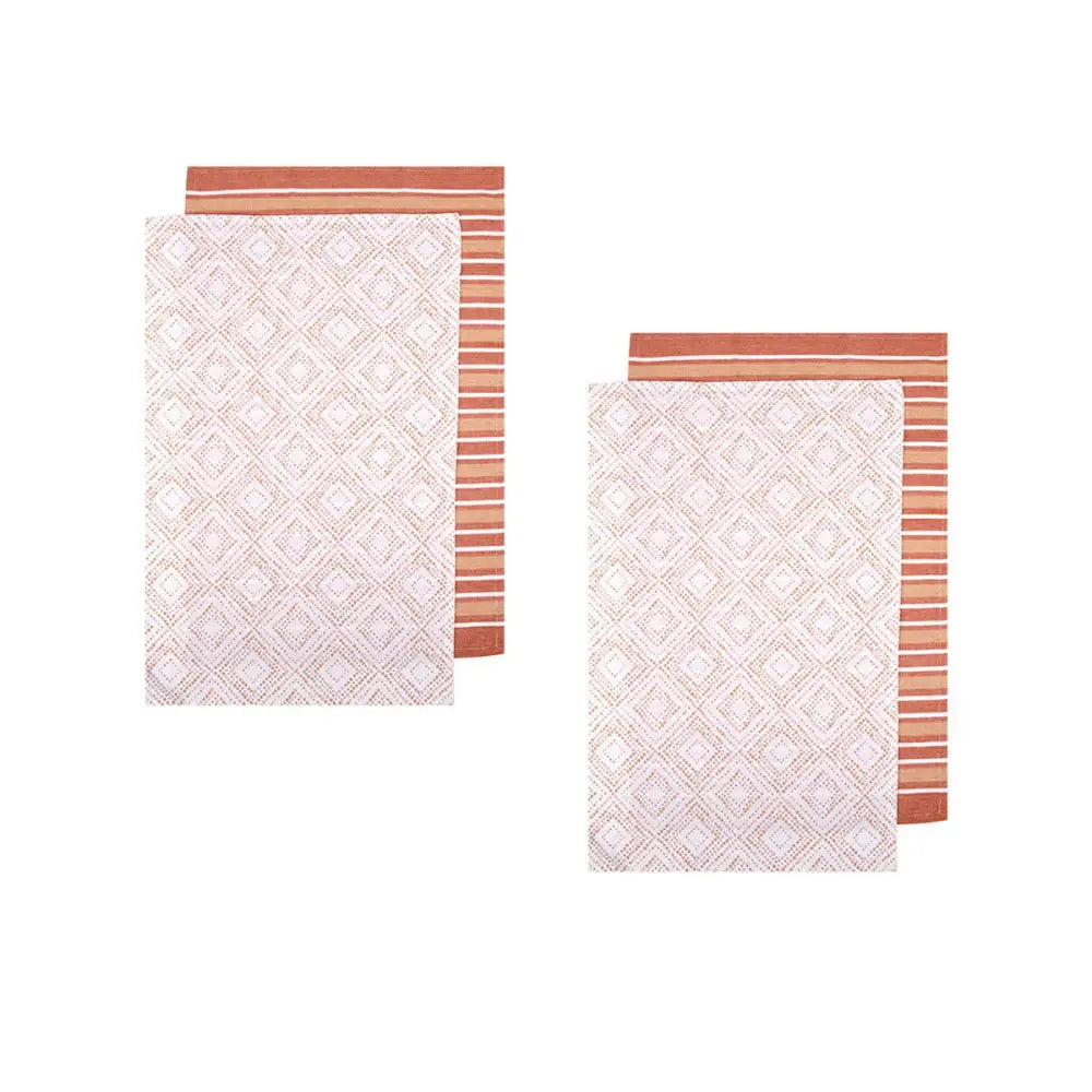 Ladelle Sanctuary Geo Terracotta Set of 4 Cotton Kitchen Towels 45 x 70 cm - Home & Garden > Kitchenware