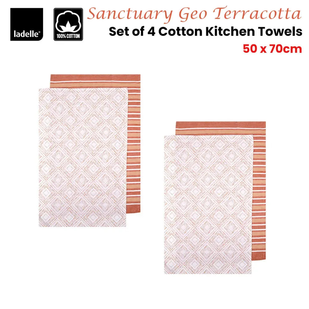 Ladelle Sanctuary Geo Terracotta Set of 4 Cotton Kitchen Towels 45 x 70 cm - Home & Garden > Kitchenware