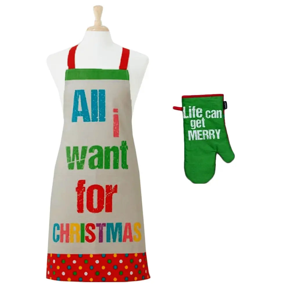 Ladelle Set of 2 All I want Christmas Oven Mitt & Apron Kitchen Set - Home & Garden > Kitchenware