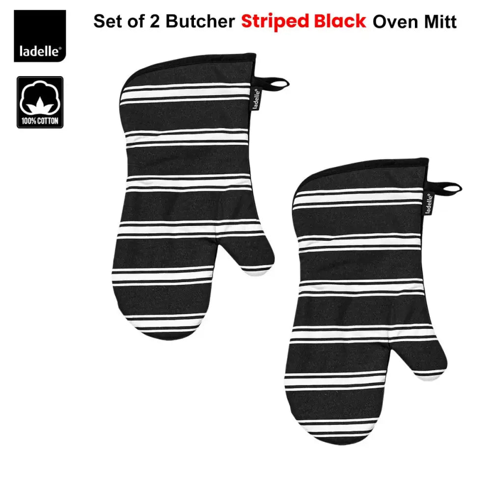 Ladelle Set of 2 Butcher Stripe Black Oven Mitt - Home & Garden > Kitchenware