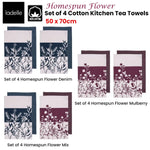 Ladelle Set of 4 Homespun Flower Cotton Kitchen Tea Towels 50 x 70 cm Mix - Home & Garden > Kitchenware