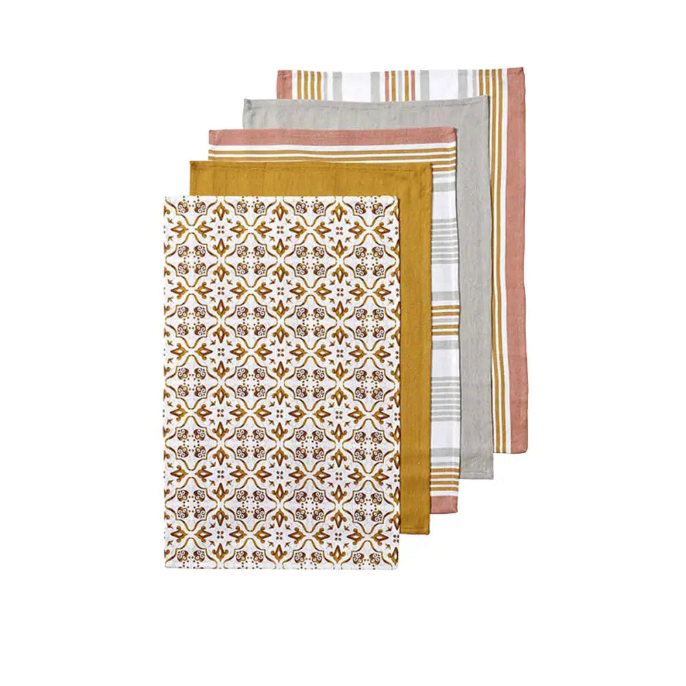 Ladelle Tile Set of 5 Cotton Kitchen Towels Gold - Home & Garden > Kitchenware