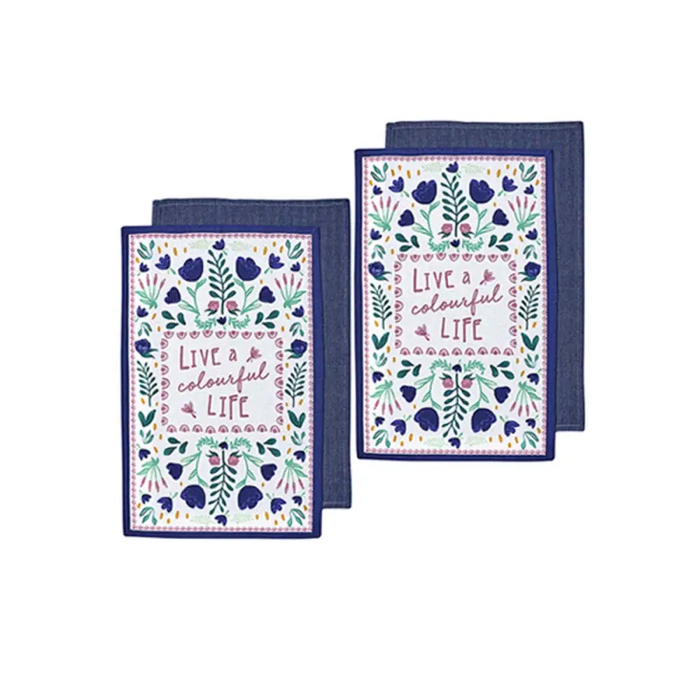 Ladelle Villa Set of 4 Cotton Kitchen Towels Blue - Home & Garden > Kitchenware