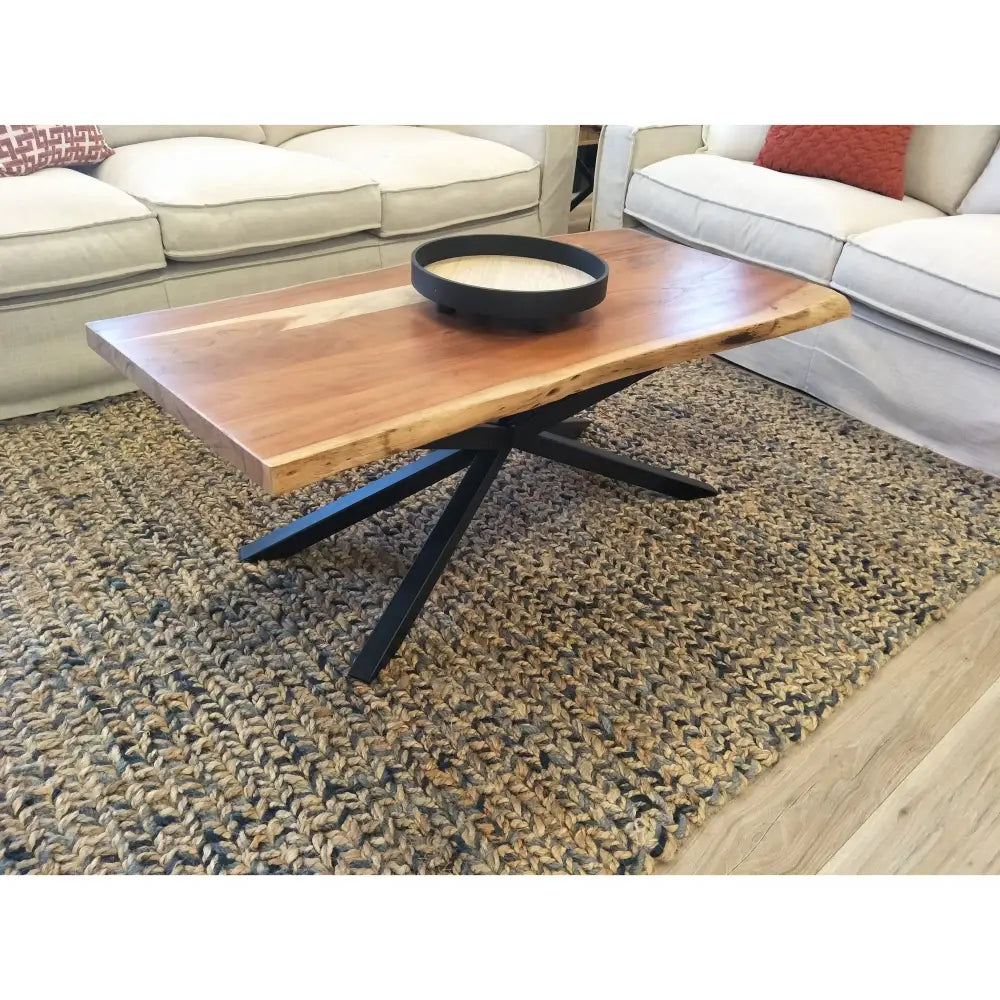 Lantana Coffee Table 130cm Live Edge Solid Acacia Timber Wood Metal Leg -Natural - Furniture > Living Room