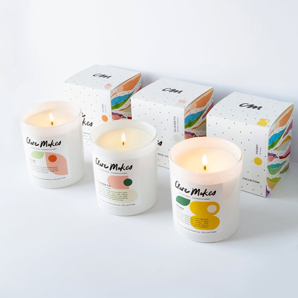 Clare Makes large soy candle in a reusable gloss white glass jar, boxed with a printed dust cover