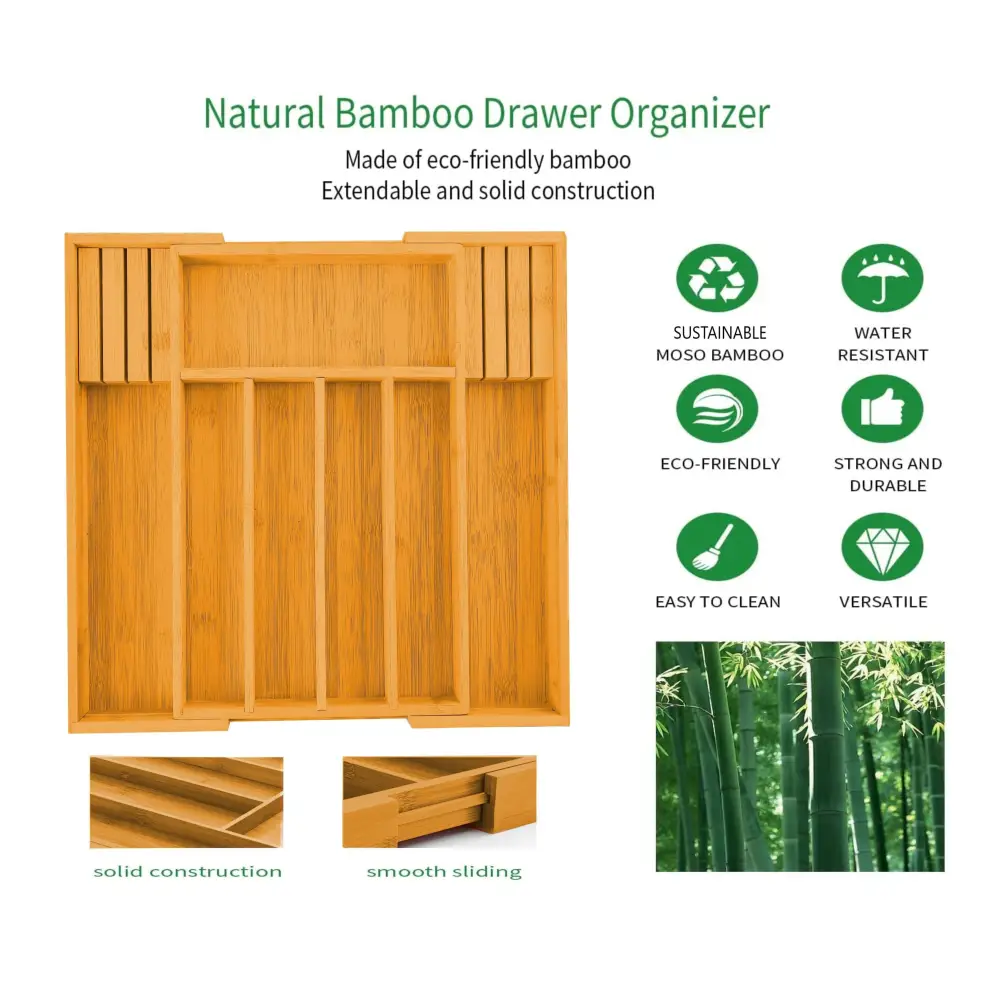 Large Capacity Bamboo Expandable Drawer Organizer with Knife Block Holder for Home Kitchen Utensils - Home & Garden >