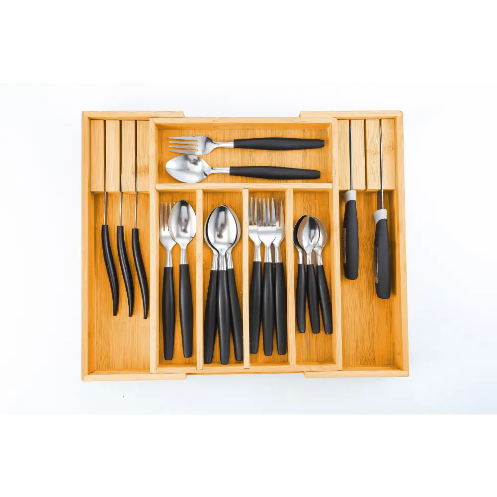 Large Capacity Bamboo Expandable Drawer Organizer with Knife Block Holder for Home Kitchen Utensils - Home & Garden >