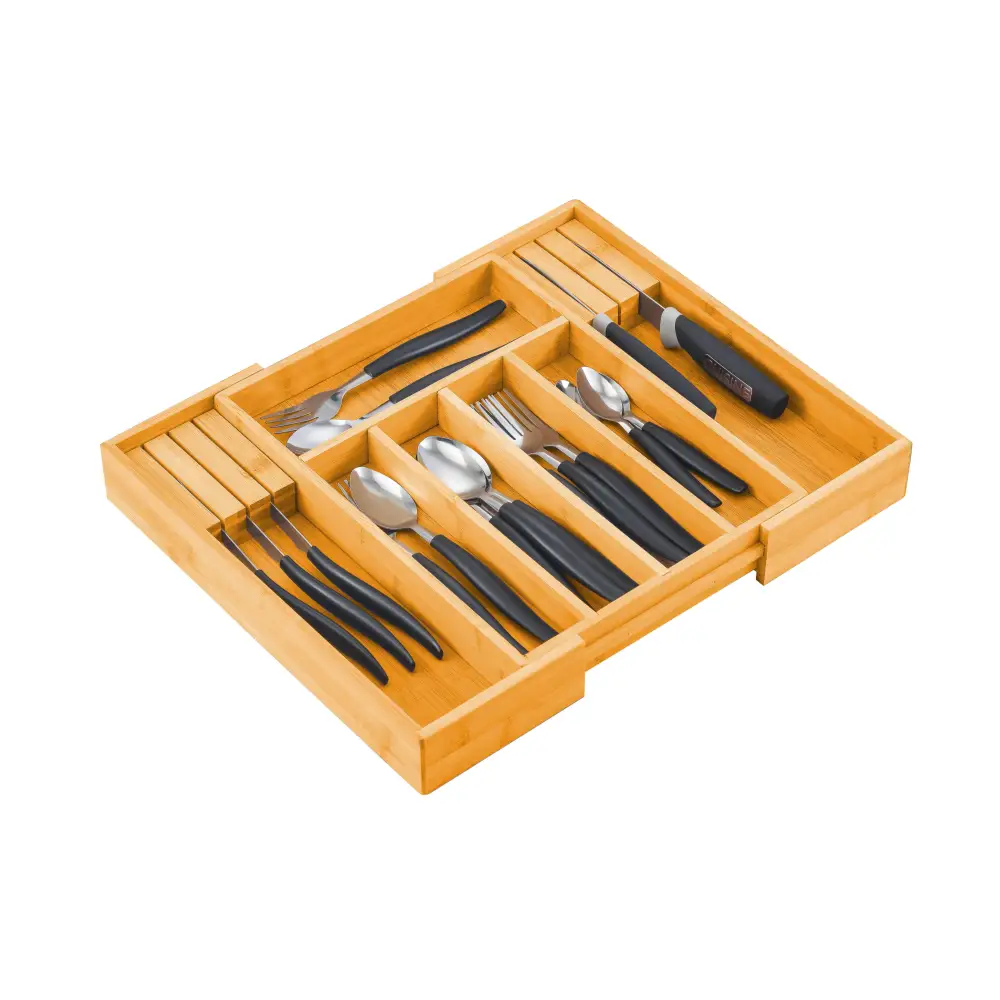 Large Capacity Bamboo Expandable Drawer Organizer with Knife Block Holder for Home Kitchen Utensils - Home & Garden >