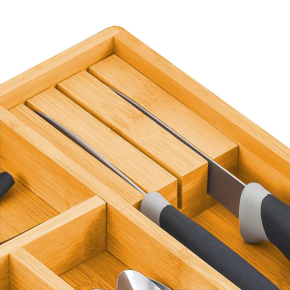Large Capacity Bamboo Expandable Drawer Organizer with Knife Block Holder for Home Kitchen Utensils - Home & Garden >