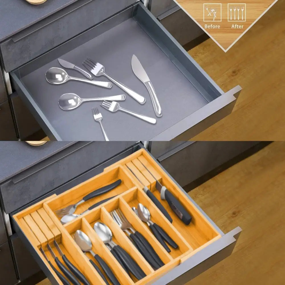 Large Capacity Bamboo Expandable Drawer Organizer with Knife Block Holder for Home Kitchen Utensils - Home & Garden >