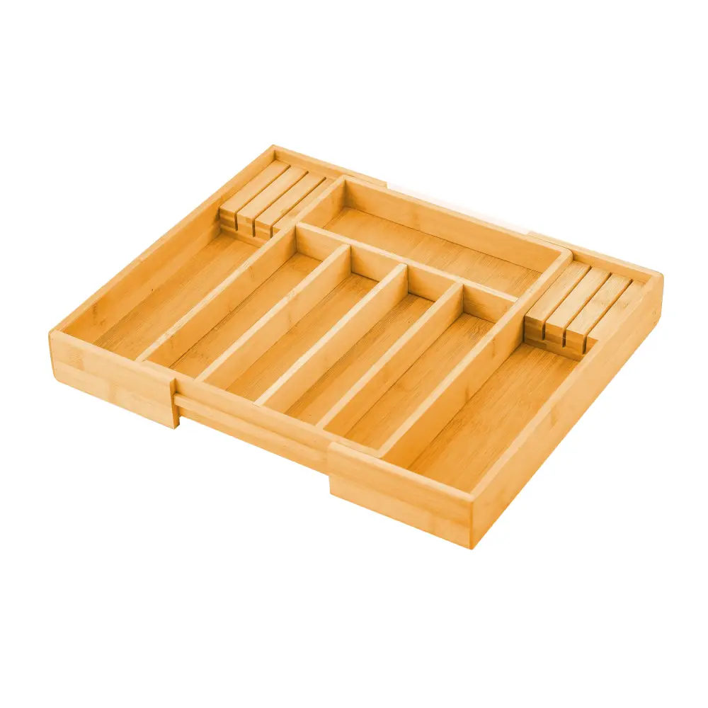 Large Capacity Bamboo Expandable Drawer Organizer with Knife Block Holder for Home Kitchen Utensils - Home & Garden >