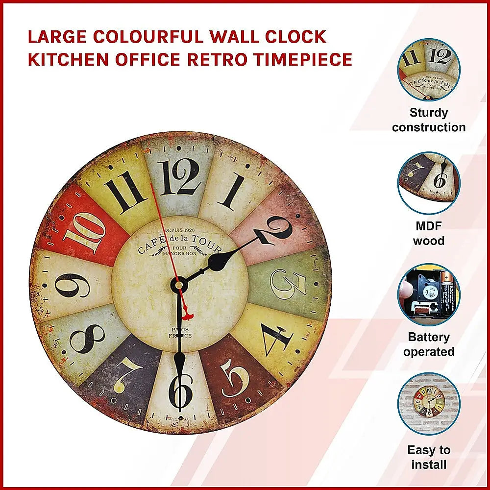 Large Colourful Wall Clock Kitchen Office Retro Timepiece - Home & Garden > Decor
