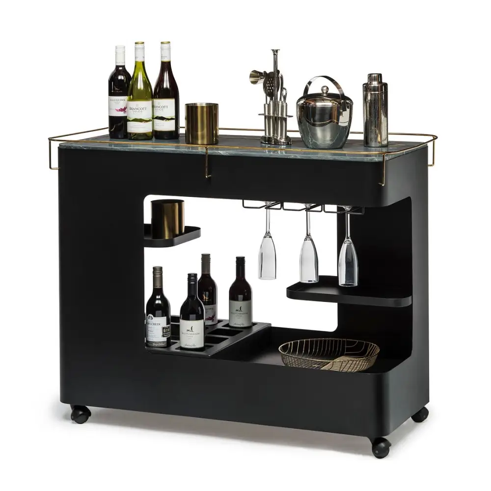 Large Contemporary Black Gold Drinks Trolley Bar Cart with Marble Top and Stemware Rack - Furniture > Living Room