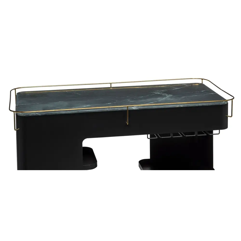 Large Contemporary Black Gold Drinks Trolley Bar Cart with Marble Top and Stemware Rack - Furniture > Living Room
