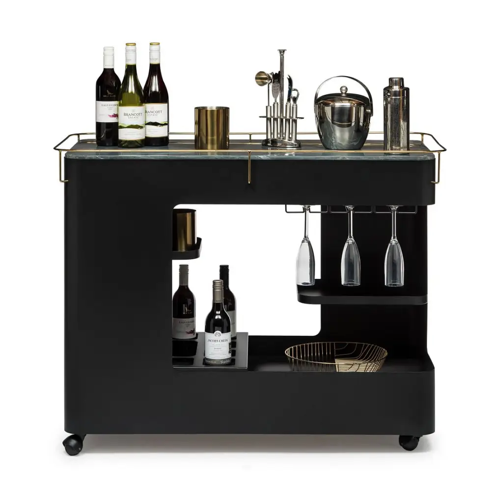 Large Contemporary Black Gold Drinks Trolley Bar Cart with Marble Top and Stemware Rack - Furniture > Living Room