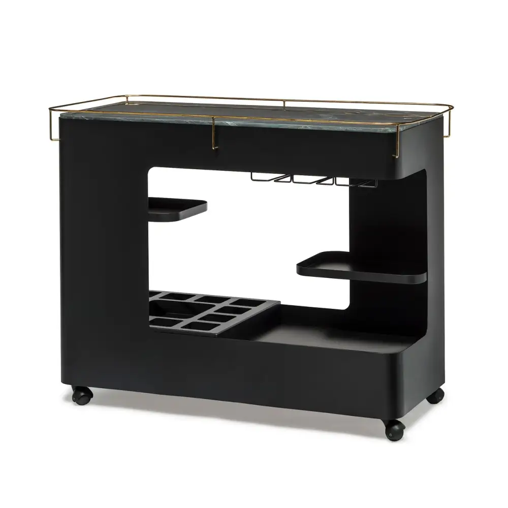 Large Contemporary Black Gold Drinks Trolley Bar Cart with Marble Top and Stemware Rack - Furniture > Living Room