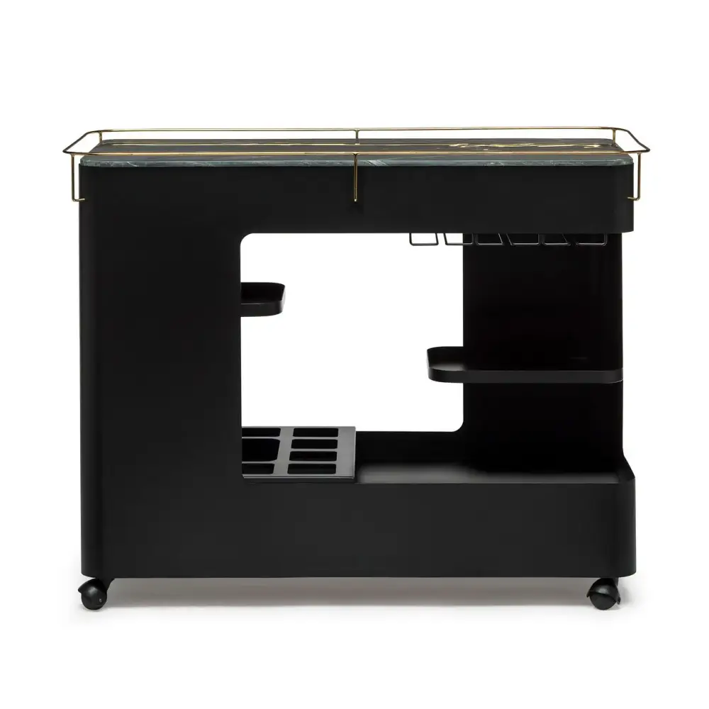 Large Contemporary Black Gold Drinks Trolley Bar Cart with Marble Top and Stemware Rack - Furniture > Living Room